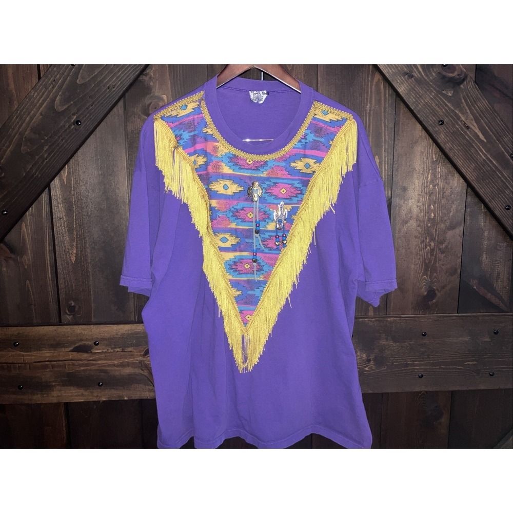 Vintage Lee Cotton Fringe Tassle Bead Rockabilly Rodeo Aztec Shirt Purple XL USA